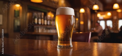 Chilled pint of amber beer with frothy head on wooden pub table against softly blurred traditional bar background