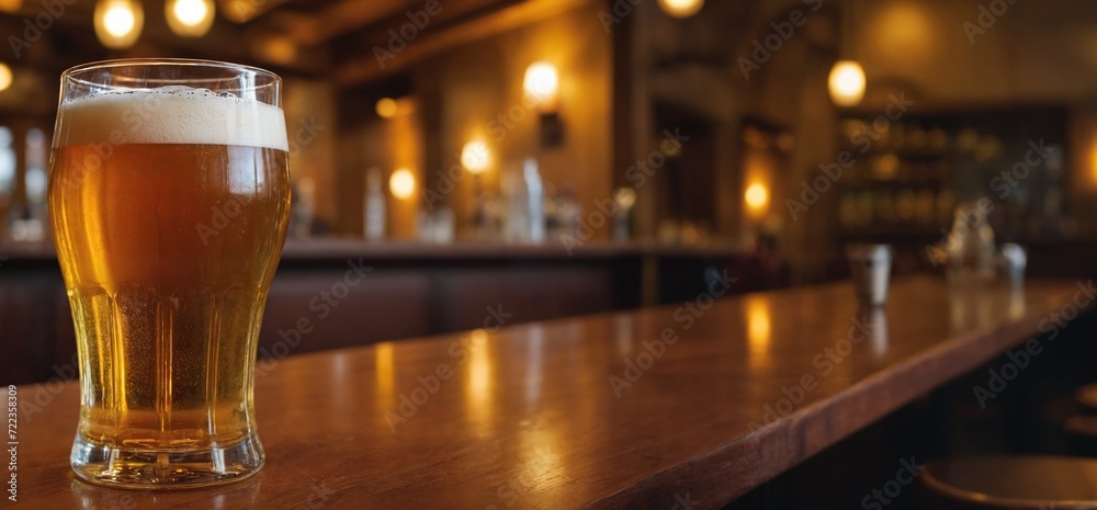 Chilled pint of amber beer with frothy head on wooden pub table against softly blurred traditional bar background Chilled pint of amber beer with frothy head on wooden pub table against softly blurred traditional bar background
