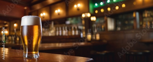Chilled pint of amber beer with frothy head on wooden pub table against softly blurred traditional bar background photo