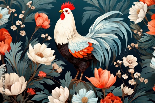 A vivid illustration of a rooster amidst blooming flowers. © NS