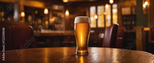 Chilled pint of amber beer with frothy head on wooden pub table against softly blurred traditional bar background
