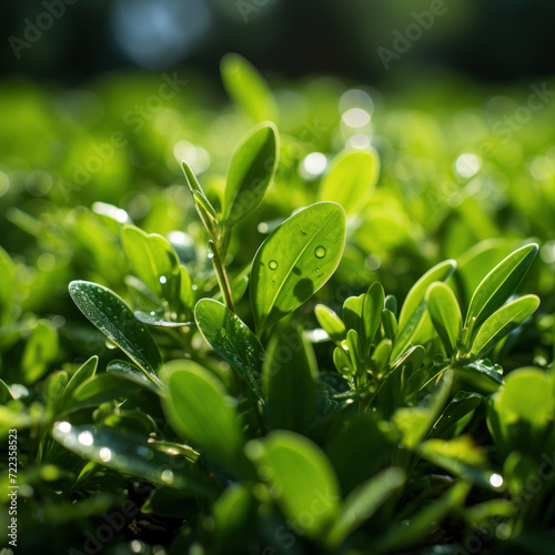 Fresh boxwood leaves with morning dew in sunlight.