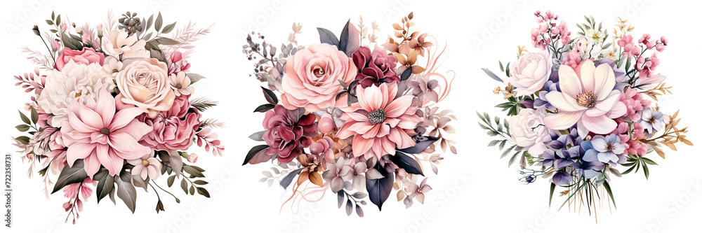 Three pastel floral arrangements with roses and dahlias on white.