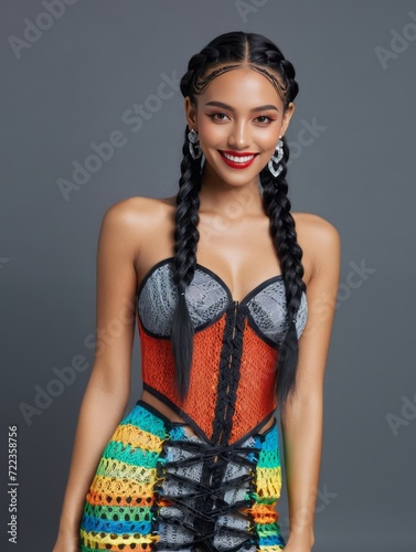 The model wears an orange and grey bustier with a colorful skirt. She has long black braids and red lipstick, and is smiling at the camera. photo