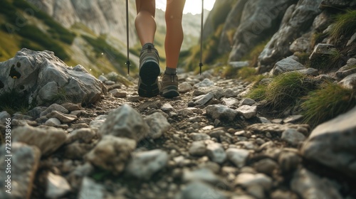 A hiker's lower legs in boots with trekking poles on a stony mountain path, capturing the essence of adventure