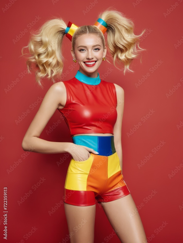 A woman with blonde hair styled in pigtails, wearing a red crop top and multicolored shorts. A woman with blonde hair styled in pigtails, wearing a red crop top and multicolored shorts.