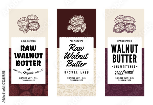 Vector walnut butter labels in modern style. Vector walnut illustrations and patterns photo