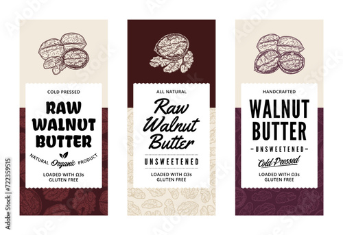 Vector walnut butter labels in modern style. Vector walnut illustrations and patterns