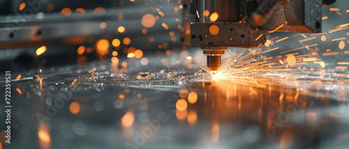 Sparks fly as a precision machine tool cuts metal, capturing industry's fiery dance of creation in a bustling workshop