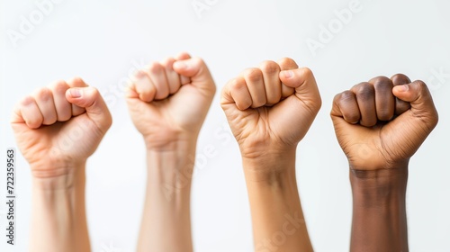 Diverse Raised Fists in Unity and Solidarity Against a White Background