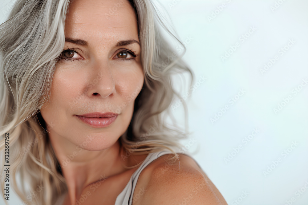 Elegant 50s mid-aged woman gazes confidently at the camera in a close-up portrait, showcasing her mature beauty. Isolated on a white background, the image captures the essence of healthy skin care Elegant 50s mid-aged woman gazes confidently at the camera in a close-up portrait, showcasing her mature beauty. Isolated on a white background, the image captures the essence of healthy skin care