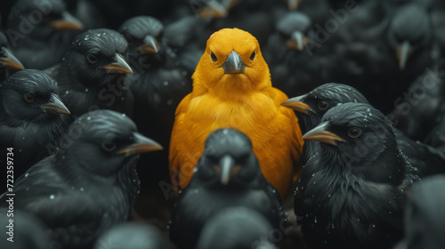 Yellow bird among ravens
