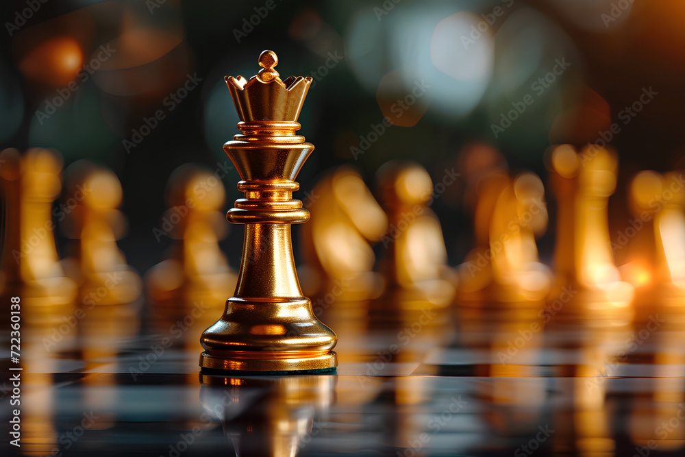 The golden queen, a chess game leader, symbolizes business concepts such as strategy, success, management, planning, disruption, and leadership. The golden queen, a chess game leader, symbolizes business concepts such as strategy, success, management, planning, disruption, and leadership.