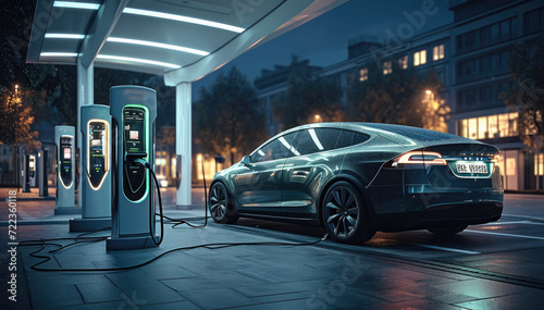 A sleek, modern electric car charging at a station. Generative AI. photo