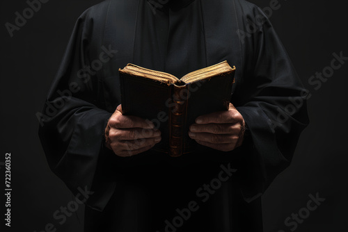 Catholic priest in black cassock robe holding the Holy Bible, isolated on a dark black background. photo