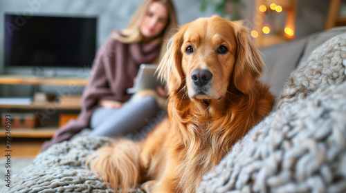 woman sits on a couch using a tablet with a golden retriever dog in the foreground