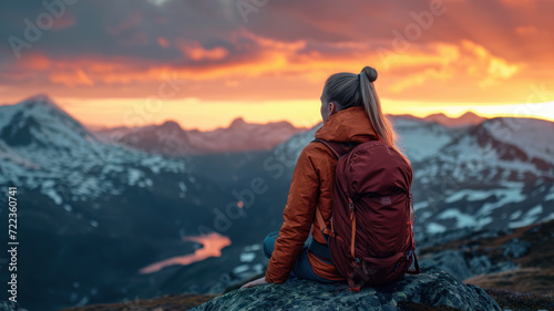 Tourist Relaxing on Mountain Peak with Breathtaking Sunset View