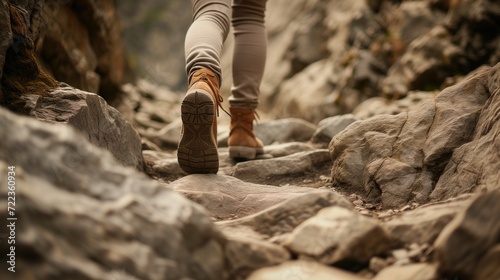 Lower view of a hiker's feet in stylish brown boots, treading carefully on a rocky mountain path