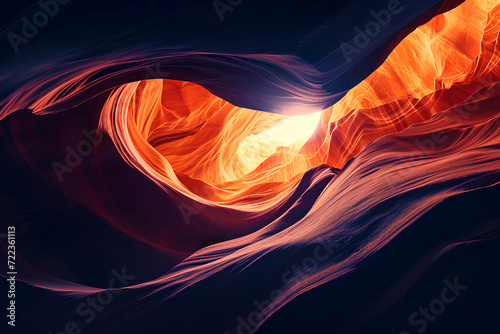 Futuristic banner featuring dark orange, maroon, and pastel orange hues, inspired by Antelope Canyon in Navajo Reservation, Page, Arizona, USA. Blends artwork and travel concepts.