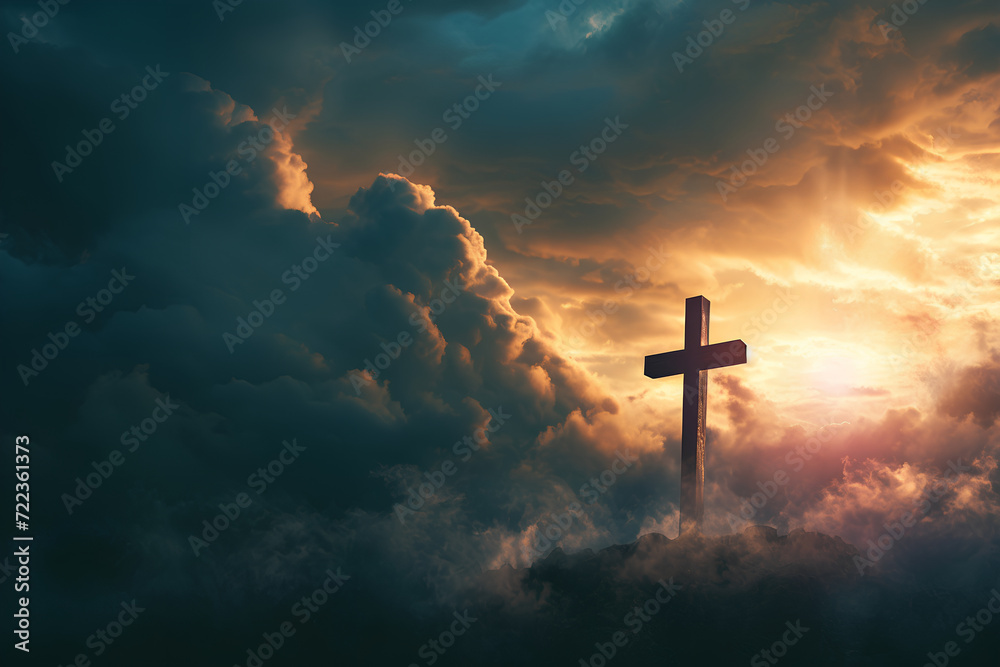 The sacred cross, symbolizing the death and resurrection of Jesus Christ, stands prominently atop Golgotha Hill, enveloped in divine light and ethereal clouds, evoking an apocalyptic theme. - obrazy, fototapety, plakaty 