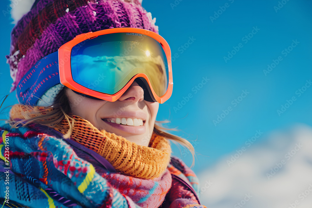 Smiling female skier in colorful attire and goggles against a sunny winter sky. Captures the essence of fashion and winter vacation. Smiling female skier in colorful attire and goggles against a sunny winter sky. Captures the essence of fashion and winter vacation.