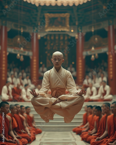 A bald buddhist monk sitting cross legged in the air levitating in a buddhist temple in front of a crowded audience watching him with awe. The buddhist monk sitting in the air. Generative AI. photo