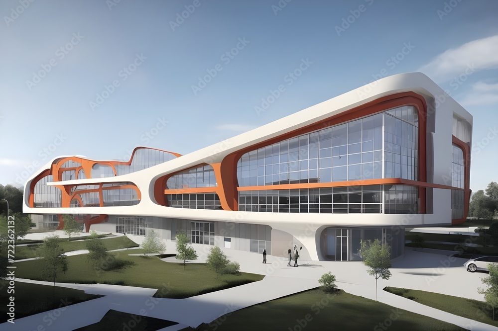 Envision an innovative and dynamic industrial complex presented in a cutting-edge 3D style. The building plan showcases a futuristic layout with interconnected.
