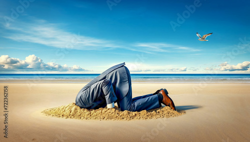 Businessman burying head in sand on beach, conceptual take on denial and avoiding reality with humorous twist.