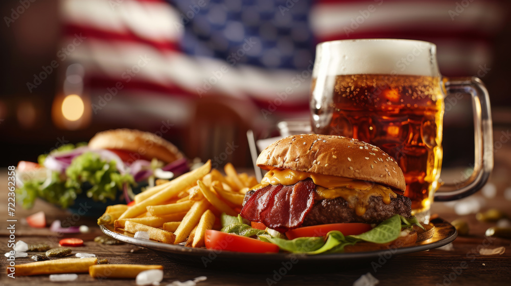 American Feast, Craft Beer, Burger, Fries, and Salad American Feast, Craft Beer, Burger, Fries, and Salad