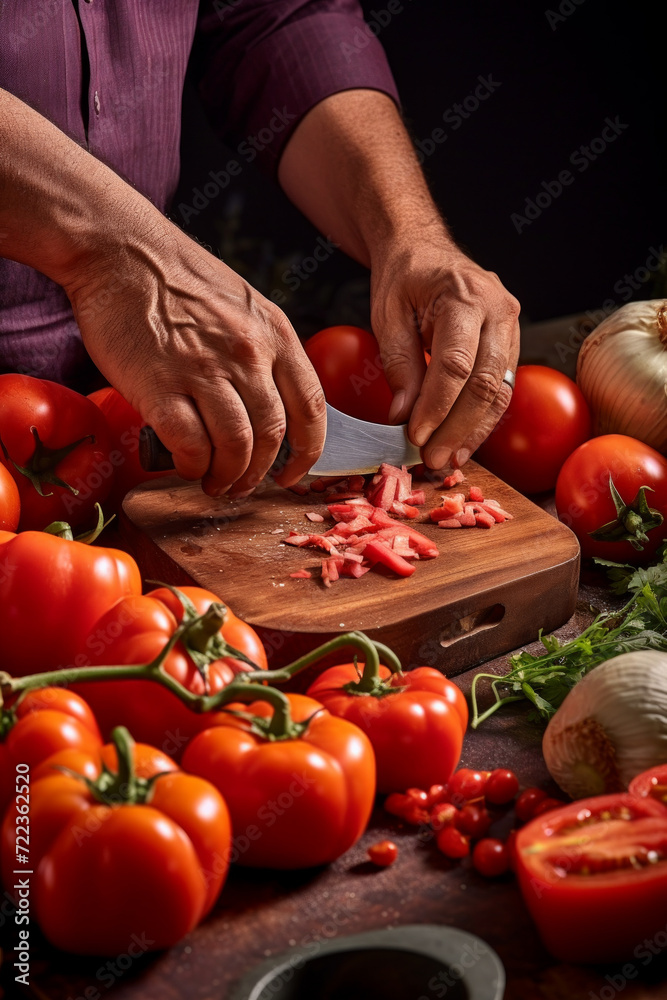 Chef Precisely Chopping Fresh Tomatoes. Chef Precisely Chopping Fresh Tomatoes.