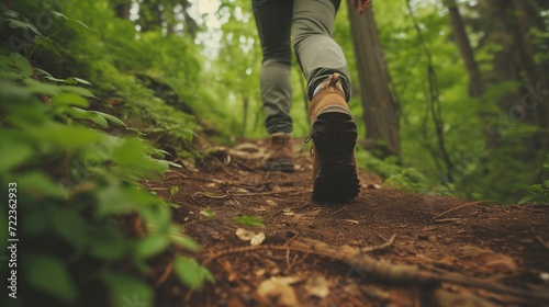 Low angle view of a hiker's boots on a vibrant forest trail, immersed in rich greenery