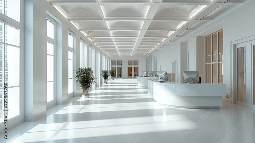A large office interior in the style of white and neutral tones. Generative AI.