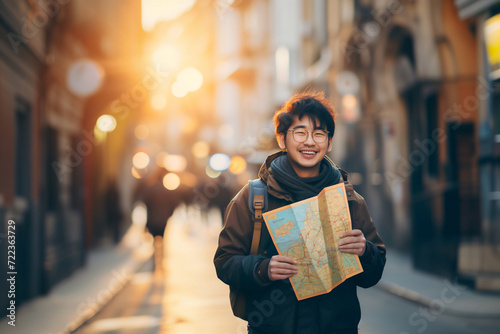 Solo traveller with map in his hands in popular town with golden light .
