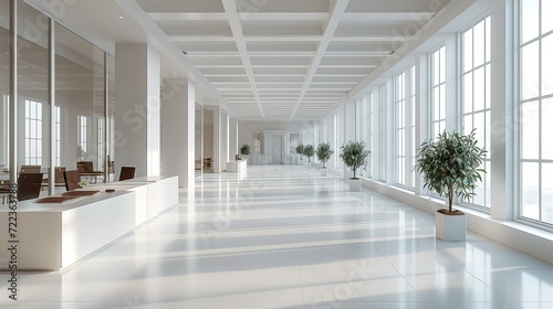 A large office interior in the style of white and neutral tones. Generative AI. © visoot