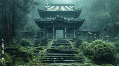 A Japanese abandoned temple in a mossy forest. Generative AI. photo