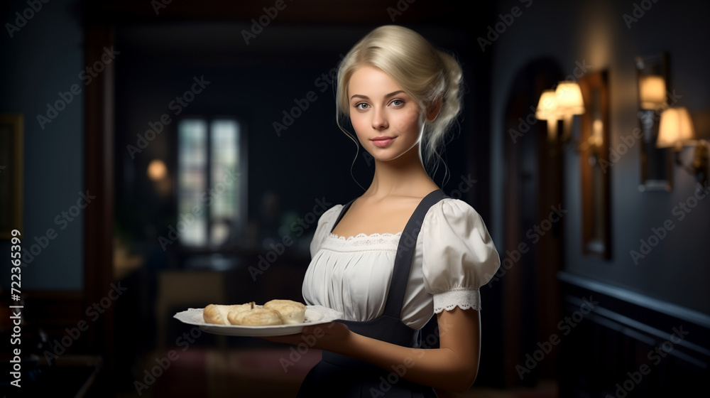 female domestic servant who wears a traditional maid waitress service staff barmaid