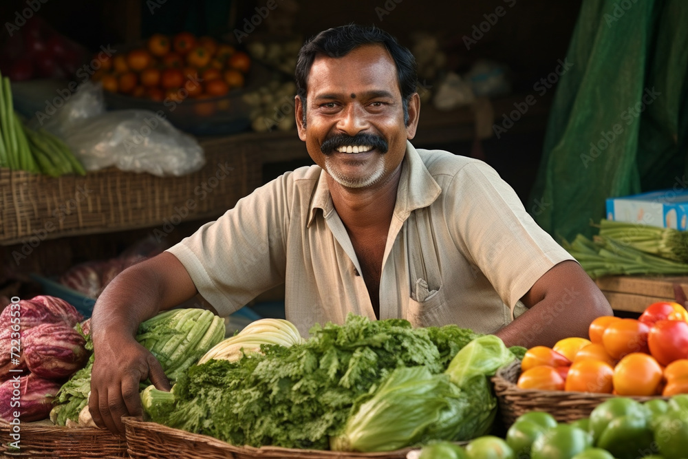 Fototapeta premium Smiling Vegetable Vendor at Local Market.