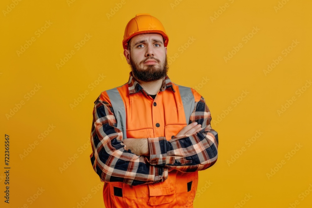 A construction worker, an engineer, a worker in overalls and a helmet on a yellow background. Good quality studio photo