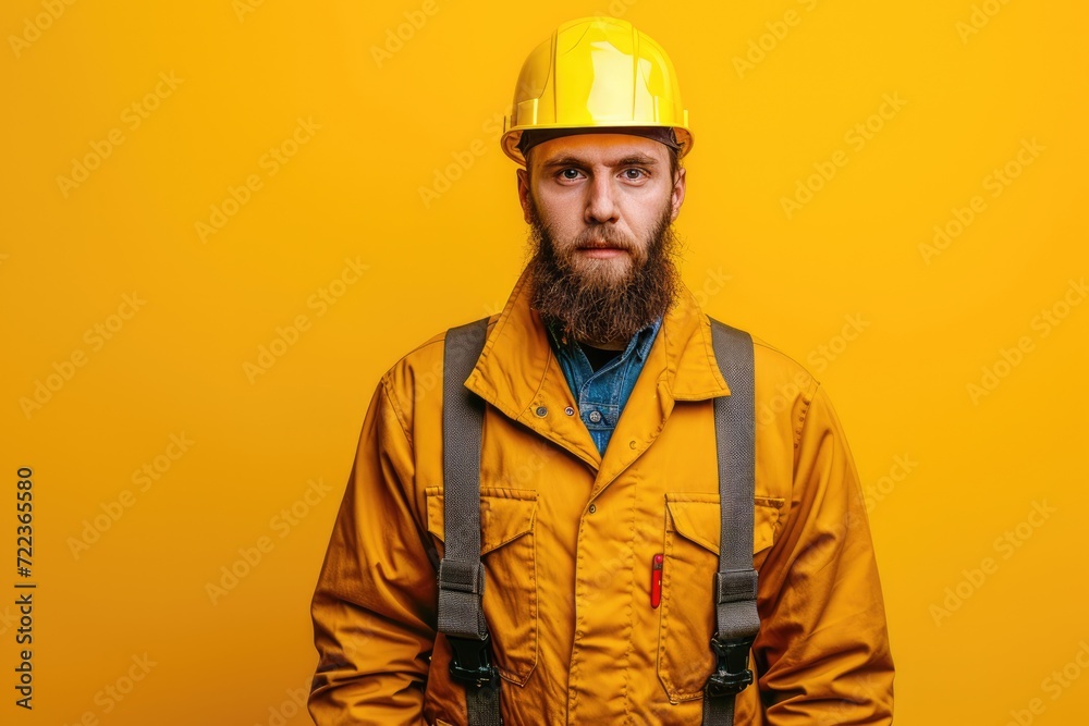 A man with a beard in the uniform of a builder, architect, worker and in a hard hat. The guy looks into the frame. Studio photo of the model on an orange background. The concept of the profession A man with a beard in the uniform of a builder, architect, worker and in a hard hat. The guy looks into the frame. Studio photo of the model on an orange background. The concept of the profession