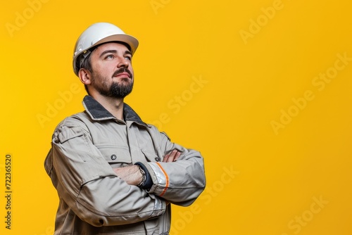 A worker, an engineer, a builder in a construction helmet and uniform. Studio photo of the model on a yellow background. The man looks up, hands folded on his chest