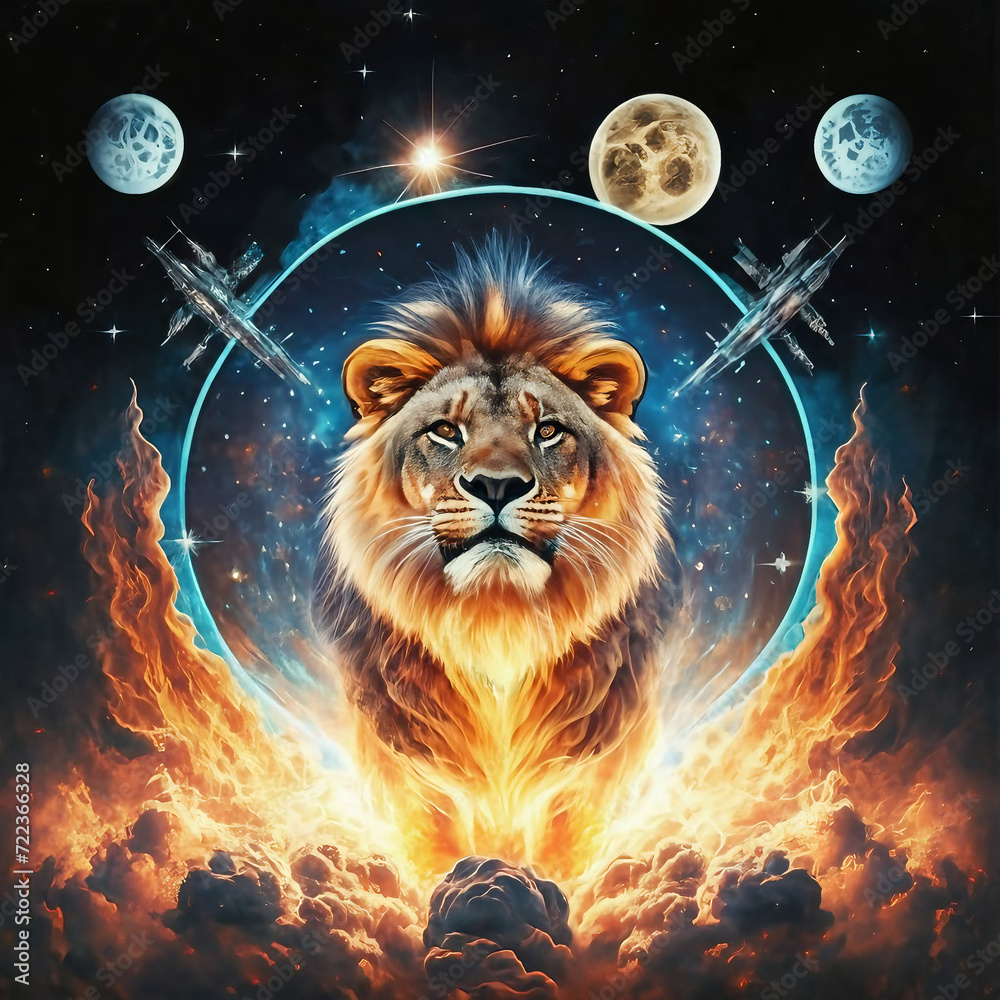 spaceship, lion, shining star, universe