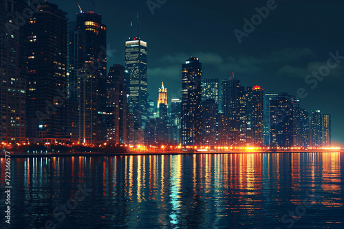a city skyline with lights reflecting on water