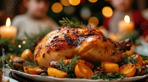 A Christmas dinner with a roasted chicken on the table, family part together as background. Generative AI.