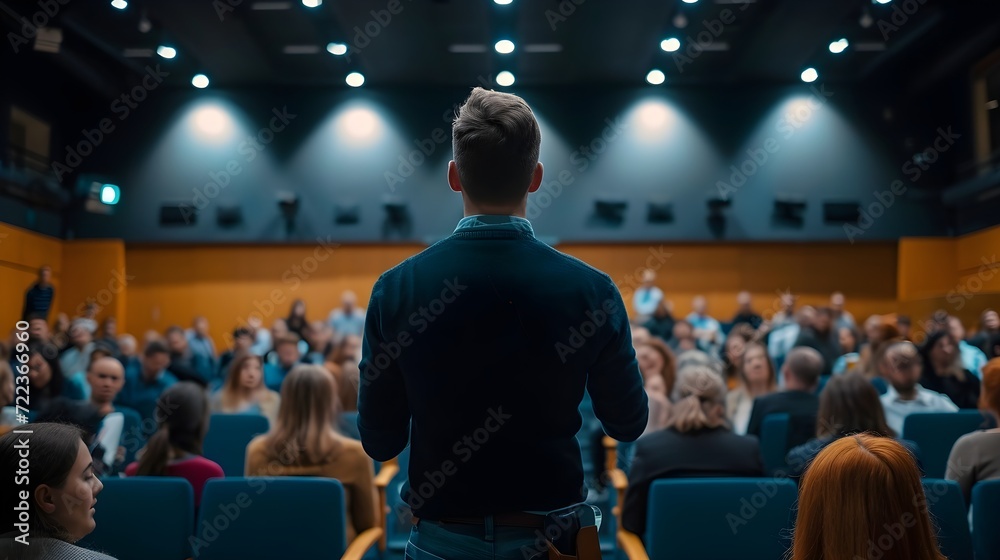 a male speaker in a lecture hall, with audience watching him a male speaker in a lecture hall, with audience watching him