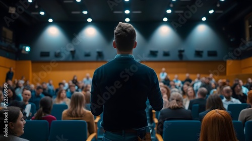 a male speaker in a lecture hall, with audience watching him