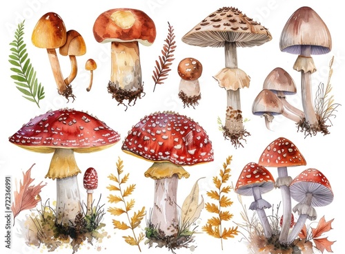 set of mushrooms isolated on white Background