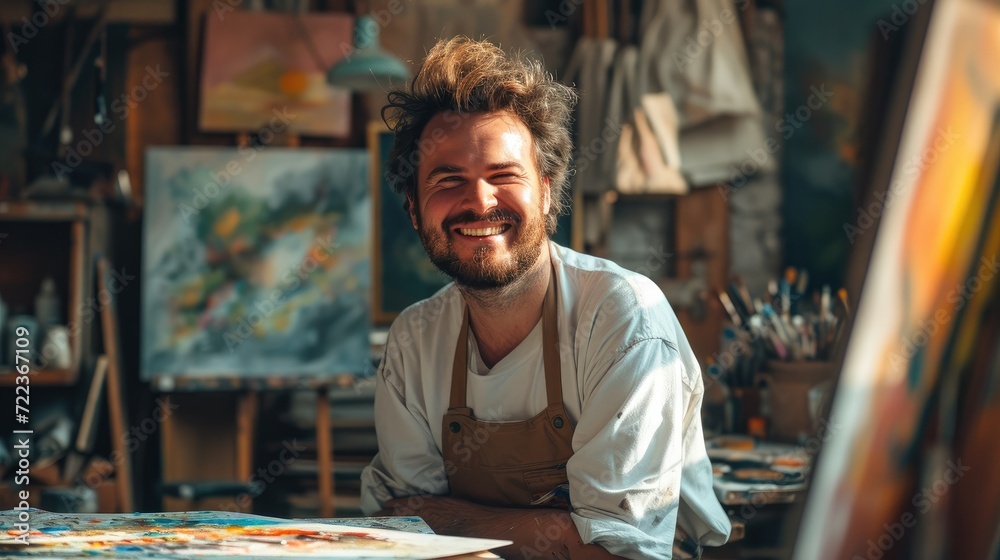 A male artist showing visible joy in their creative process. Generative AI. A male artist showing visible joy in their creative process. Generative AI.