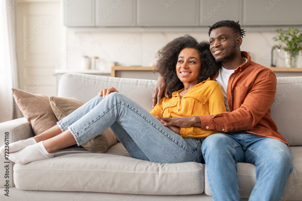 Smiling African American Spouses Embracing While Relaxing On Couch Indoors Smiling African American Spouses Embracing While Relaxing On Couch Indoors