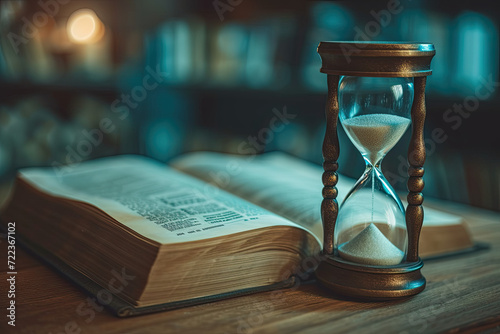 An hourglass is positioned beside an open book