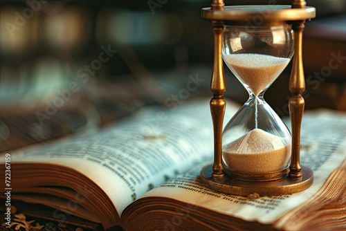 An hourglass is positioned beside an open book